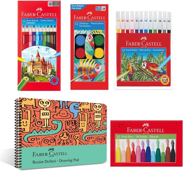 Faber-Castell Boyama Seti Resim Defteri 25X35 Cm, Çocuklar İçin Yaratıcı Eğlence, 12 Renk Suluboya, Boya Kalemi, Pastel Boya, Keçeli Kalem 30 Yaprak Defter ürün görseli 1