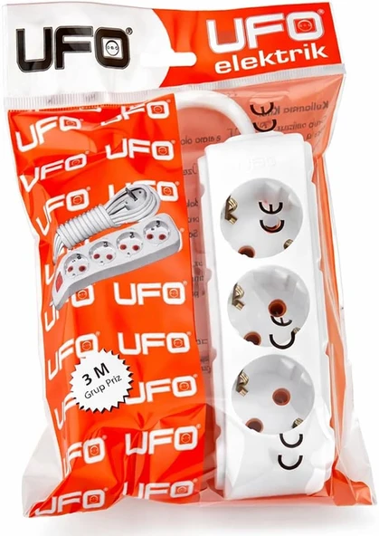 Ufo 3Lü 3 Metre Topraklı Grup Priz, 16A 250V, Üçlü Uzatma Kablosu Beyaz Renk ürün görseli 1