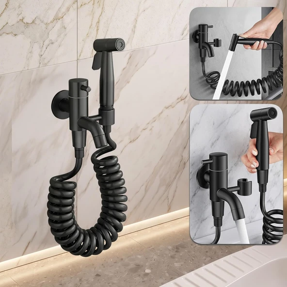 Sta-5041 Armatür Tabancalı Banyo Alaturka Yer Tuvaleti Taharet Musluğu Spiralli Bide Taharetmatik Abdest Alma Takımı Musluk Taharet Abdest Bas Çek Bırak - Evcil Hayvan Yıkama - 304 Paslanmaz Çelik ürün görseli 1