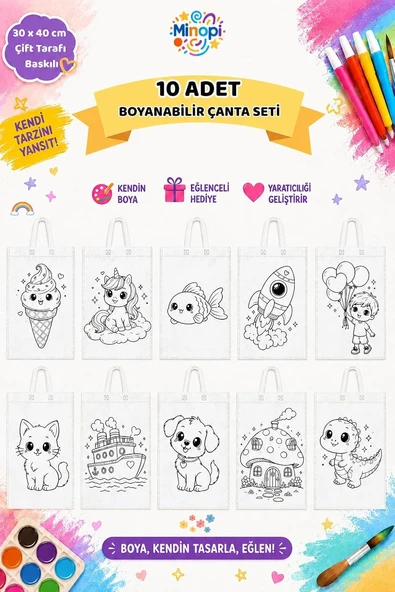 10'Lu Boyanabilir Bez Çanta Seti 30X40 Cm Çift Taraflı Baskılı Çocuk Aktivite Çantası ürün görseli 1