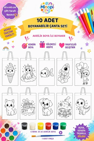 10 Adet Boyanabilir Bez Çanta Seti 30X40 Cm – 6 Renk Akrilik Boya Fırça Dahil ürün görseli 1