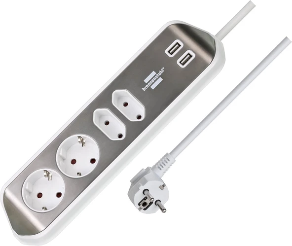 Brennenstuhl Estilo Köşe Priz Çubuğu - 4'Lü Yüksek Kaliteli Paslanmaz Çelik Yüzeyli, 2 Schuko 2 Euro Priz, Usb Şarj Fonksiyonlu, Gümüş/Beyaz ürün görseli 1