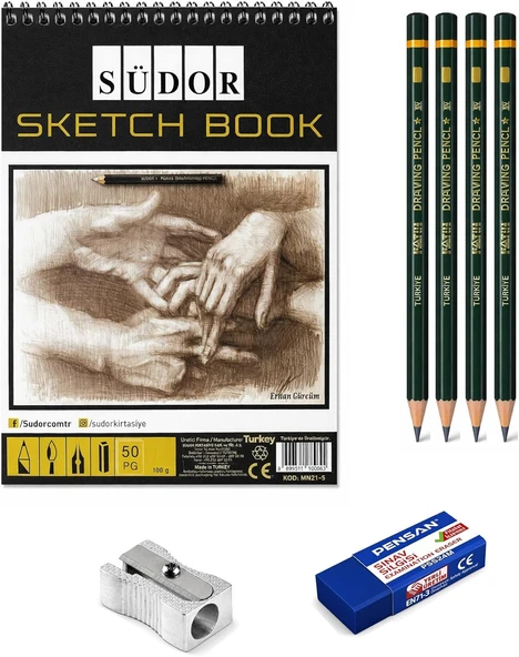 Eskiz Set A5 50 Yaprak Eskiz Defteri İz Bırakmayan Sınav Silgisi Kalemtıraş 4 Adet Dereceli Kalem Sanatsal Çizim Eskiz Seti Karakalem Teknik Çizim Çocuk Çizim Seti ürün görseli 1