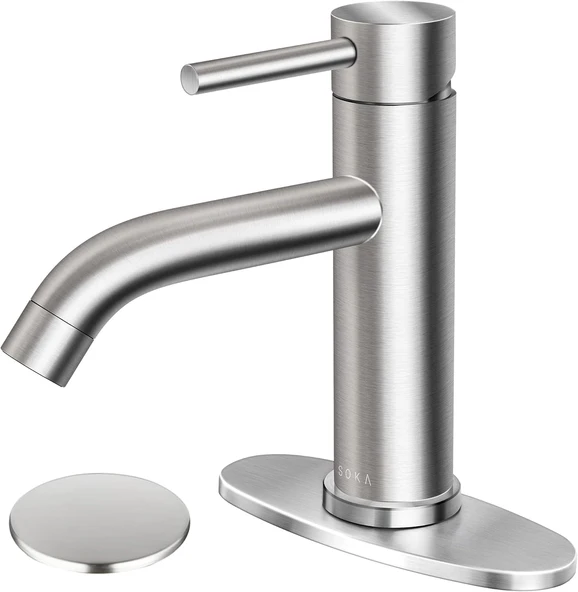 Soka Banyo Lavabo Bataryası Tek Saplı Paslanmaz Çelik Tuvalet Ticari Banyo Bataryası Küvet Lavabo Muslukları Güverte Levhası Açılır Tahliye Tertibatı 1 3 Delik Için Uygun, Fırçalanmış Nikel ürün görseli 1