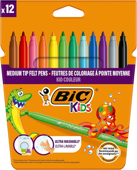 Bic Kids Kid Couleur Yıkanabilir Keçeli Boya Kalemi 12 Renk, Kolayca Çoğu Kumaştan Çıkar, Su Bazlı Keçeli Kalem ürün görseli 1