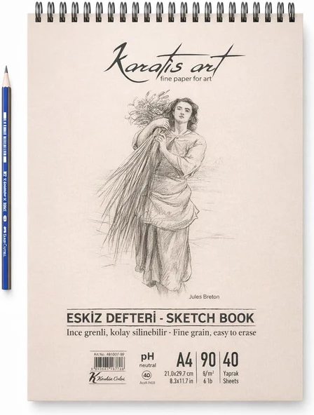 A4 Eskiz Defteri, İnce Grenli, Kolay Silinebilir Ph Nötr Kağıt, Spiralli Sketch Book, 90 G/M², 40 Yaprak, Çizim Karakalem İçin ürün görseli 1