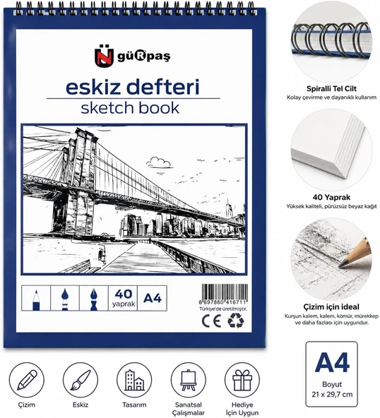 Gürpaş A4 Spiralli Eskiz Defteri, 40 Yaprak, Kurşun Kalem Karakalem Için, Öğrenci, Tasarımcı Profesyonel Kullanım ürün görseli 1
