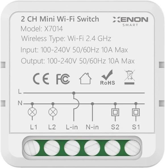 Xenon İkili Wi-Fi Akıllı Anahtar (16A 220V Röle) İki Yönlü Işık Şalteri Röle Modülü Uygulama Denetimli Tuya Uyumlu Google Home/Alexa Destekli Switch X7014 ürün görseli 1