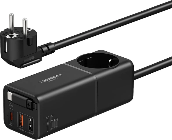 Xenon Masaüstü Priz Hızlı Şarj İstasyonu | 75W Gan 4000W Ac Dahili Usb-C Kablo 3 X Usb Pd Pps X6412 ürün görseli 1