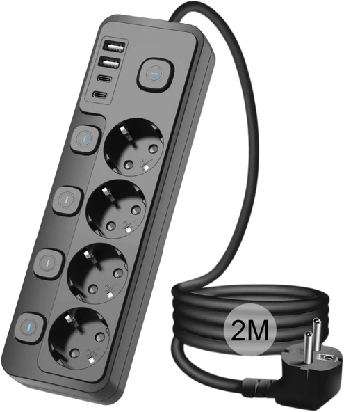 3680W Power 2Xtype-C 2X Usb Girişli Anahtarlı 4Lü 2Mt Uzatma Kablolu Akım Korumalı Priz ürün görseli 1