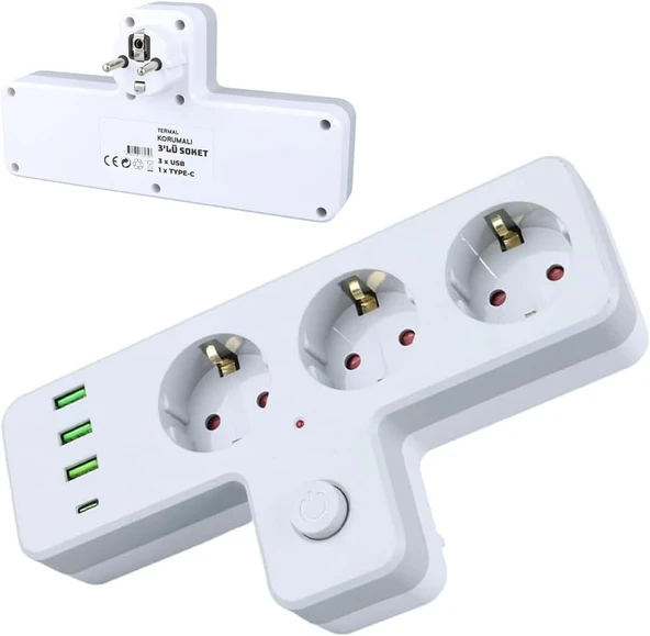 Günceçarşı Termal Akım Korumalı 3'Lü Duvar T Priz, 3Xusb 1Xtype-C 20W (Tip C), Çocuk Korumalı, Isıya Dayanıklı Topraklı Üçlü Priz, 2500W ürün görseli 1