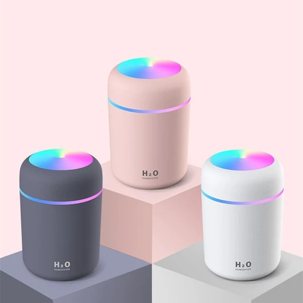 Hava Nemlendirici H2O Humidifier Ortam Nemlendirici Işıklı Buhar Makinesi Aroma Difüzörlü Araç İçi, Oda Nemlendirici (Karişik Renk Beyaz, Gri̇, Pembe) ürün görseli 1