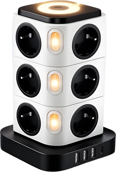 12’Li Kule Tipi Çoklu Priz, 3680W Akım Korumalı, 3 Usb + 1 Type-C Hızlı Şarj, Gece Lambalı, Bağımsız Anahtarlı, Uzatma Kablosu (1-2M) – Ev & Ofis Için ürün görseli 1