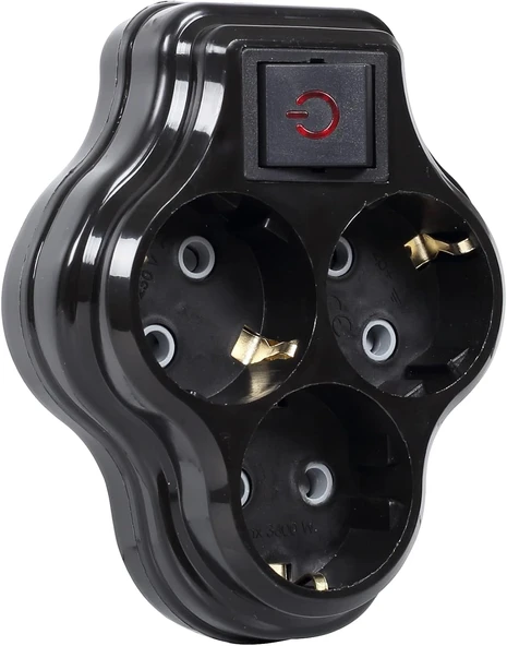 3Lü Anahtarlı Golyat, Üçlü Topraklı Priz Duvar Tipi Çoklayıcı Fiş, 16A 250 Volt, 3600 Watt (Siyah) ürün görseli 1