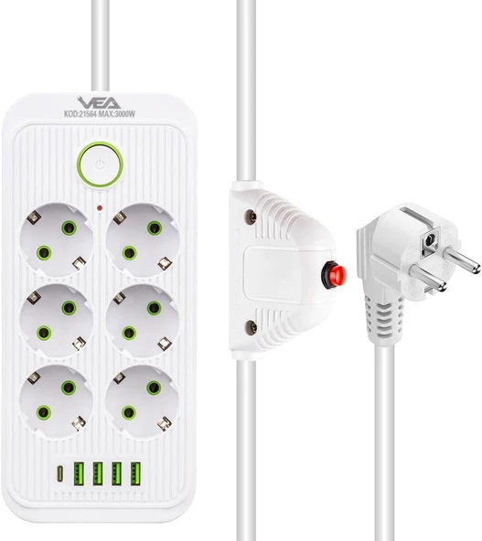 6'Lı Akım Korumalı Priz, Beyaz, 1.5 Metre Kablo, 4 Usb Type-C Portlu, 3000W, 16A Kapasite ürün görseli 1