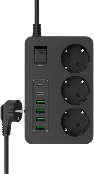 Çoklu Priz 3 Ac Soket + 5 Usb (2 Usb-C, 3 Usb-A) – 5 Metre Kablo, Çocuk Korumalı, 3000W Güç, Isıya Dayanıklı, Anahtarlı Uzatma Kablosu (5 Metre) ürün görseli 1