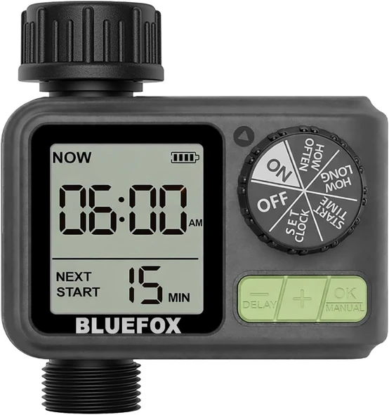 Bluefox Dijital Sulama Zamanlayıcı – Programlanabilir Bahçe Sulama Cihazı, Otomatik Hortum & Musluk Tipi Timer, Lcd Ekran, Manuel Mod + Rain Delay, 3/4 Bağlantı, Pilli Dış Mekan Sulama ürün görseli 1