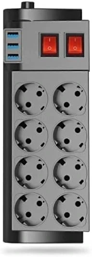 8 Prizli Çoklu Priz - 3 Usb Hızlı Şarj Portu, Çift Anahtarlı Güvenli Kontrol, Aşırı Akım & Kısa Devre Koruma, 4000W Güç Destekli Çoklu ürün görseli 1