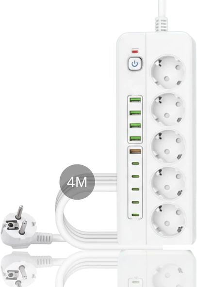 Isıya Dayanıklı Power Tuşlu 5'Li Grup Priz 5Xusb 5X Type-C Çıkışlı Priz 4 Mt Kablolu ürün görseli 1