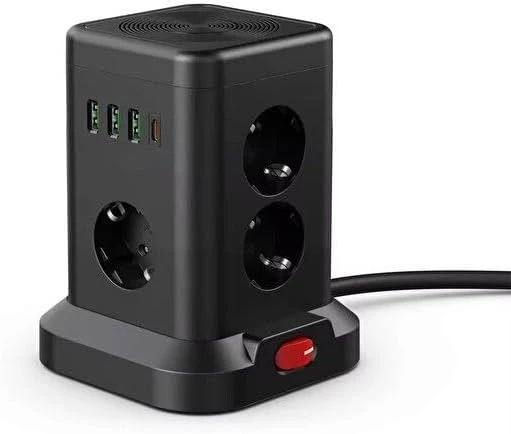 Kule Tipi Çoklu Priz - 3 Usb-A + 1 Type-C Çıkışlı, Akım Korumalı, Tek Tuş Kontrollü Masaüstü Priz ürün görseli 1