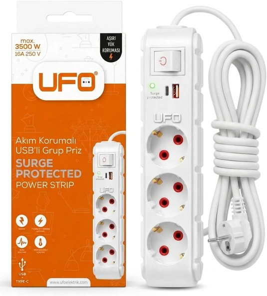Ufo Yeni 3Lü Akım Korumalı Grup Priz 5 Metre Bakır Kablolu, 5V 2,4A Usb Type-C Ile Şarj, Anahtarlı Topraklı Priz, Sürekli Koruma, 16A 250V, 3500W Aşırı Yük Koruması, 5M. Beyaz Renk ürün görseli 1