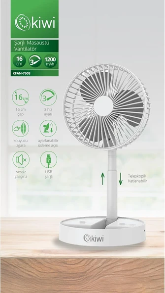 Kiwi Kfan-7608 Şarjlı Beyaz Katlanılabilir Mini Fan Masa Üstü Vantilatörü Usb Soğutucu Sessiz El Fanı ürün görseli 1