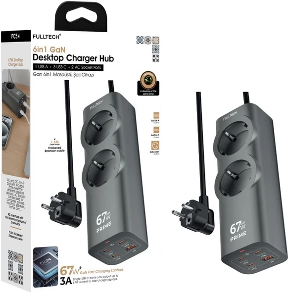 Akım Korumalı Priz, Güç Şeridi, 67W Gan Hızlı Şarj Adaptörü, Tam Zamanlı 6 Bağlantı Noktası, 2X Priz Girişi, 1X Usb Girişi, 3X Type-C Girişi, Yüksek Verimlilik (1.5 Metre) ürün görseli 1