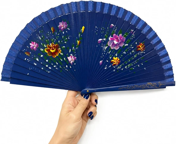 Coverzone Lacivert Zeminli Katlanabilir El Yelpazesi Pembe Sarı Çiçek Desenli Ahşap Saplı Dekoratif El Yelpazesi 40X22 Cm Geleneksel Tasarım ürün görseli 1