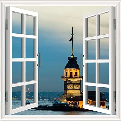 Pencere Poster Duvar Kağıdı Kız Kulesi Akşam Yapışkanlı Sticker ürün görseli 1