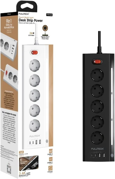 Akım Korumalı Priz, 5'Li Priz Soketi, 5X Fiş Soketi, 2X Usb Girişi, 2X Type-C Girişi, Işıklı Gövde, Isıya Dayanıklı Yapı, 2 Metre Kablo Uzunluğu, Aşırı Gerilim Koruyucu Çoğaltıcı (16A/3680W) ürün görseli 1