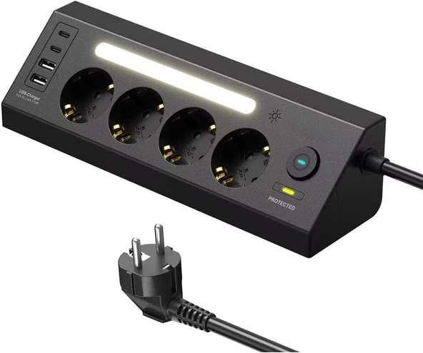 Akım Korumalı Çoklu Priz | 4 Priz Girişi + 2 Usb-C + 2 Usb-A Çıkışı | 2 Metre Kablo | Led Işıklı | Hızlı Şarj Güvenli Kullanım ürün görseli 1