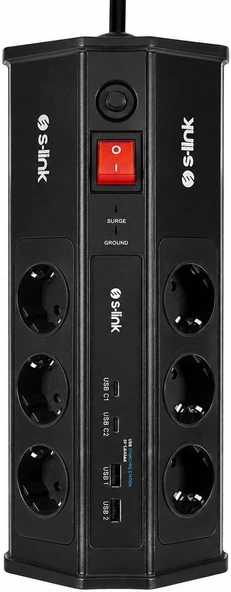 S-Link Prz03 Prizhive 3 Metre 630 Joule 3X1.5Mm 2Xusb 2Xtype C 2.4A/5V 250V 16A/3860W 6 Lı Akım Çocuk Korumalı Priz, 16A Sigortalı Yıldırım Korumalı Priz ürün görseli 1