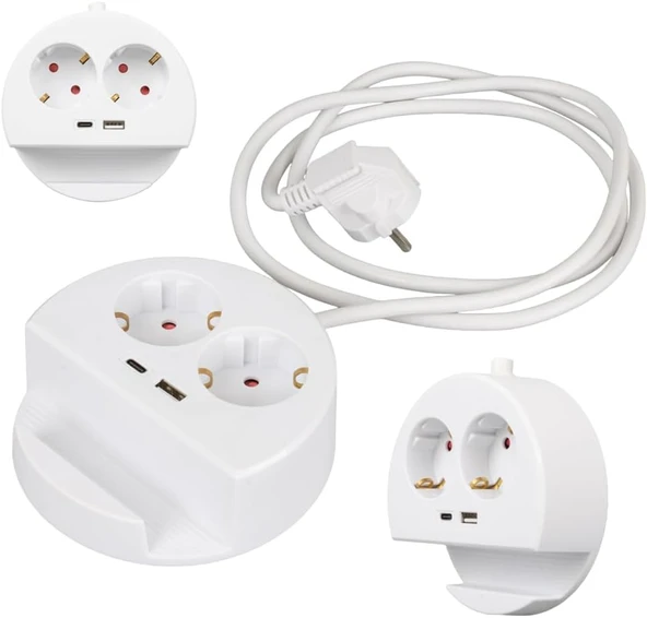 2'Li Telefon Standlı Grup Priz 1X Usb, 1X Type-C Girişli Topraklı Çoklu İkili Priz 1.5 Metre Kablo Uzunluğu, Priz Çoğaltıcı 3680 Watt 16 Amper, Usb Type-C Çıkış 5 Volt 2.4 Amper 12 Watt ürün görseli 1