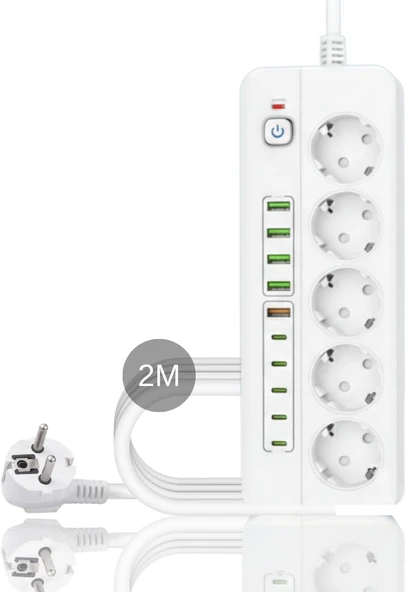 Isıya Dayanıklı Power Tuşlu 5'Li Grup Priz 5Xusb 5X Type-C Çıkışlı Priz 2 Mt Kablolu ürün görseli 1