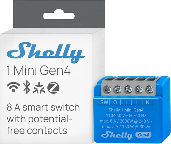 Shelly 1 Mini Gen4, Wi-Fi Akıllı Röle Şalteri, 1 Kanal, 8 A, Potansiyelsiz Kontak, Işık Şalteri, Garaj Kapısı Açacağı, Akıllı Ev, Zamanlayıcı, Alexa Google, Matter, Zigbee, Hub Gerekli Değildir ürün görseli 1