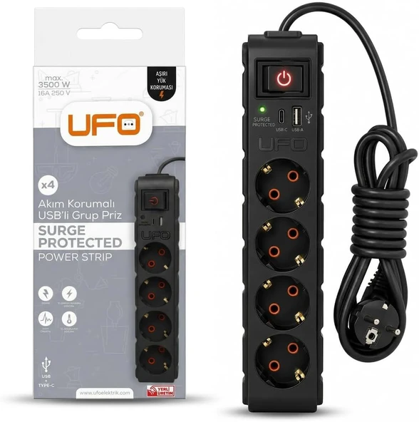 Ufo Yeni 4Lü Akım Korumalı Grup Priz 5 Metre Bakır Kablolu, 5V 2,4A Usb Type-C Ile Şarj, Anahtarlı Topraklı Priz, Sürekli Koruma, 16A 250V, 3500W Aşırı Yük Koruması, 5M. Siyah Renk ürün görseli 1