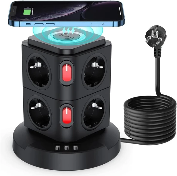 Vetech Akım Korumalı Priz Kule Tipi Kablosuz Şarj İstasyonu, 8 Priz, 2 Type-C, 1 Usb Girişli, 2Mt Kablo ürün görseli 1