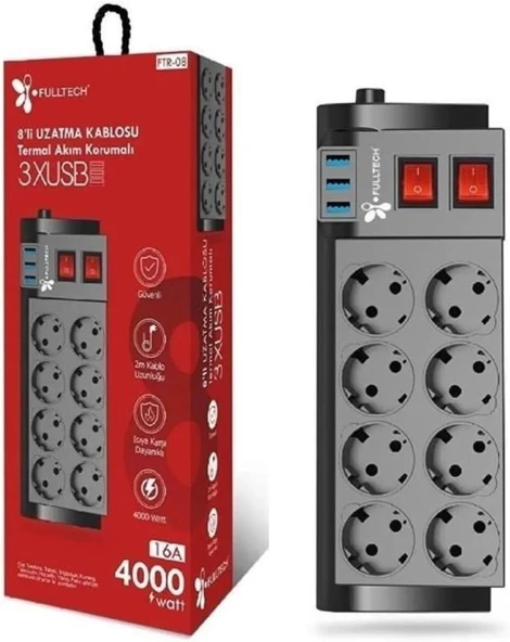 Termal Akım Korumalı 8Li Uzatma Kablosu 3Xusb 2 Metre 16 Amper ürün görseli 1