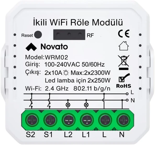 Novato Tuya Uyumlu Akıllı Anahtar Modülü, Çift Çıkışlı, Anahtar Girişli, 2X10A - 220V Röle, Google Asistan Alexa Destekli ürün görseli 1