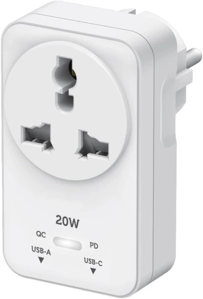 Hızlı Şarj Özellikli, Akım Korumalı 20W Pd Hızlı Şarjlı Universal Priz Dönüştürücü, 2500W Akım Korumalı, Usb-C Usb-A Çıkışlı, Tüm Ülke Fişleri Uyumlu (Beyaz) ürün görseli 1