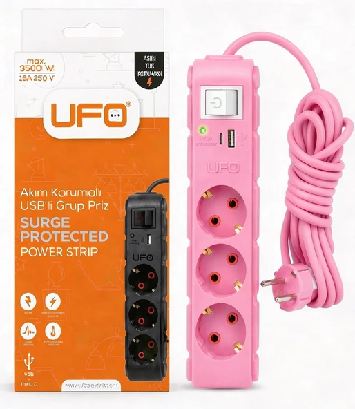 Ufo Yeni 3Lü Akım Korumalı Grup Priz 5 Metre Bakır Kablolu, 5V 2,4A Usb Type-C Ile Şarj, Anahtarlı Topraklı Priz, Sürekli Koruma, 16A 250V, 3500W Aşırı Yük Koruması, 5M. Pembe Renk ürün görseli 1