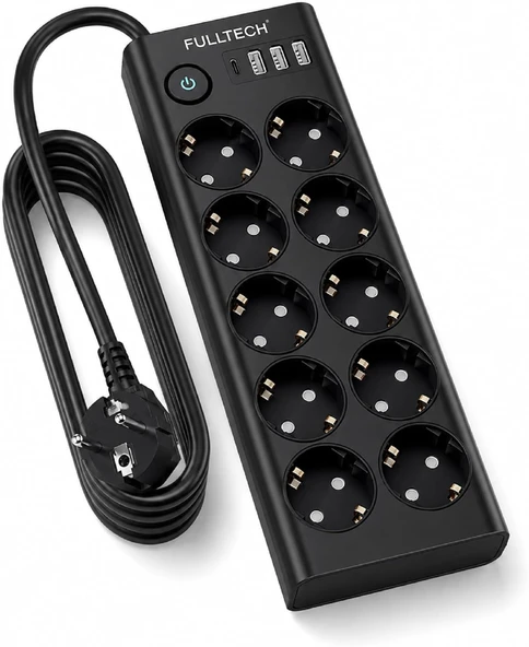 Çoklu Priz 10’Lu Grup Priz Usb’Li (3X Usb-A, 1X Usb-C), 3680W 16A, 2 Metre Kablo, Topraklı Uzatma Kablosu, Ev Ofis İçin ürün görseli 1