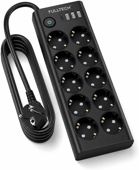 Çoklu Priz 10’Lu Grup Priz Usb’Li (3X Usb-A, 1X Usb-C), 3680W 16A, 2 Metre Kablo, Topraklı Uzatma Kablosu, Ev Ofis ürün görseli 1