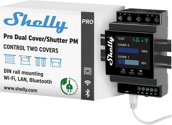 Shelly Çift Kapak/Deklanşör Pm | Lan, Wi-Fi Bluetooth Bağlantısı, Profesyonel Din Ray Akıllı Çift Kapaklı/Deklanşör 2 Kapaklı 16 A | Ev Otomasyonu | Hassas Güç Ölçümü ürün görseli 1