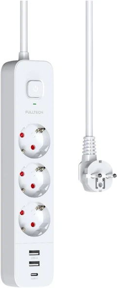 Termal Akım Korumalı Priz - Isıya Dayanıklı, Çocuk Korumalı, 3 Priz, 2 Usb, 1 Type-C Girişli Uzatma Kablosu (1.8 Metre) ürün görseli 1