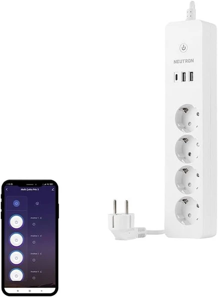 Akıllı Wi-Fi Destekli 16A 4'Lü Çocuk Kilitli Akım Korumalı Çoklu Priz - Neutronlife Uygulaması Üzerinden - Zamanlayıcı Fonksiyon - Usb Type-C Girişleri - 4'Lü Priz ürün görseli 1