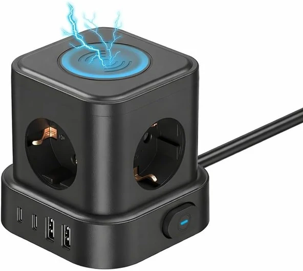 4'Lü Küp Priz Çoklayıcı, 2 Usb + 2 Type-C, 5W Kablosuz Şarj, 2 Metre Kablolu, Aç/Kapa Anahtarlı, Ev Ofis Masaüstü Kullanıma Uygun Çoklu Priz ürün görseli 1