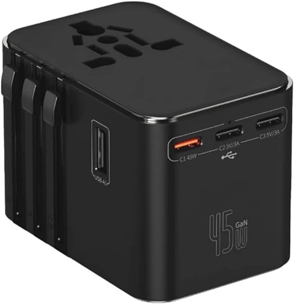 Universal Seyahat Priz Dönüştürücü Adaptör, 45W Şarj Cihazı, 2X Usb Girişi, 3X Type-C Girişi, Uluslararası Güç Adaptörü, Us, Uk, Eu, Au Evrensel Uyum ürün görseli 1