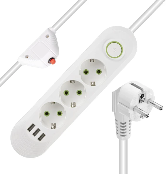 Akım Korumalı Priz, 3'Lü Çoklu Priz, 3 Usb, 1.5 Mt Kablo, Anahtarlı Grup Priz, Usb Li Priz, Isıya Dayanıklı, 3000 Watt Gücünde ürün görseli 1