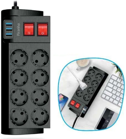 Isıya Dayanıklı Termal Akım Korumalı 2 Metre 16A 4000W 8Li Priz 3 Usb Li Uzatma Kablosu ürün görseli 1